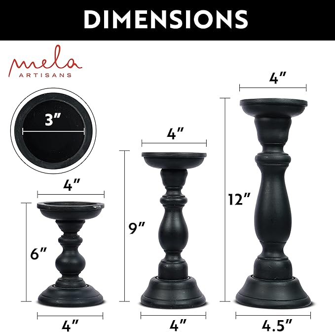 Mela Artisans Matte Black Hand Carved Wooden Pillar Candle Holders - Set of 3 | Tuli Decorative Style | Crafted from Mango Wood | Rustic Table Centerpiece Decor | Sized 6", 9" and 12"