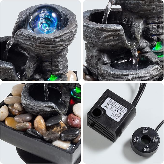 Tabletop Fountain Indoor Waterfall Meditation Fountain Like Layers of Rock Desktop Water Feature Includes Many Natural River Rock LED Lights Rolling Decorative Bubble Balls
