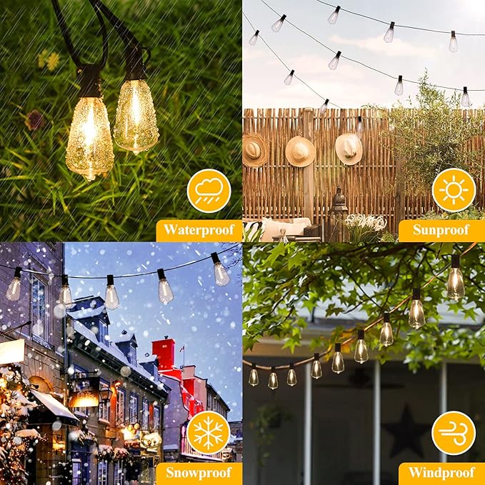 Brightever Outdoor String Lights 200FT Waterproof, Patio String Lights for Outside with 100+4 ST38 Shatterproof LED Filament Bulbs, Dimmable Hanging Lights for Christmas, Party, Cafe (2-Pack 100FT)