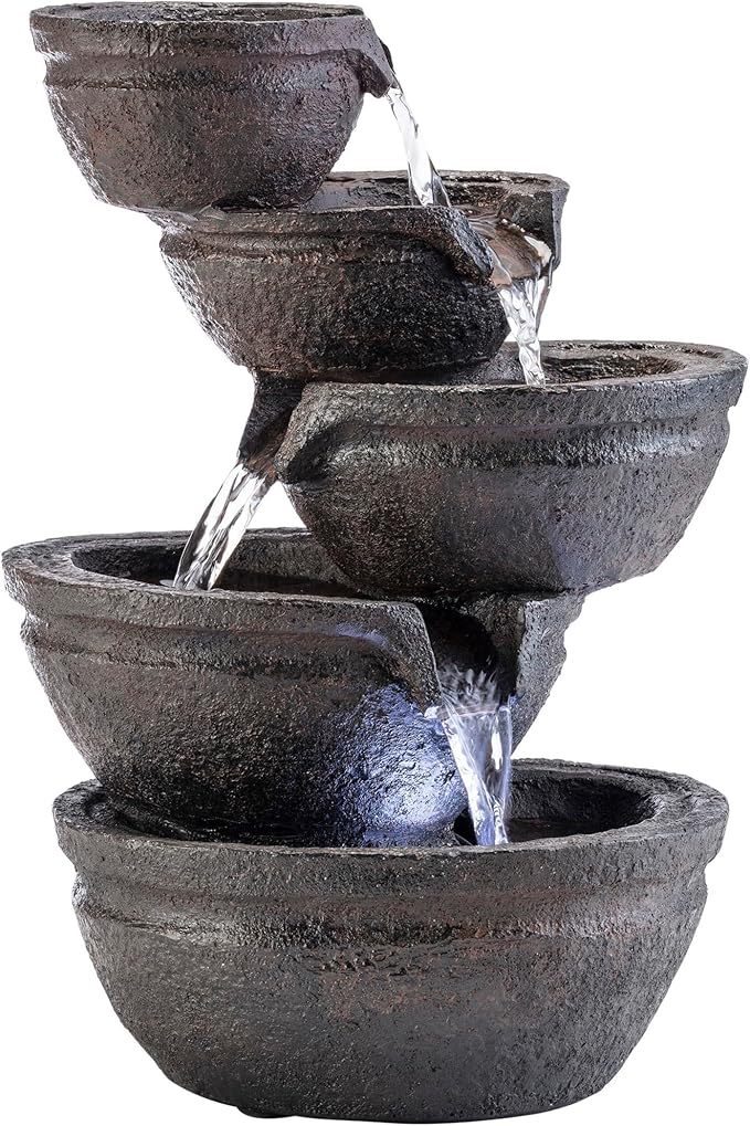 Alpine Corporation WIN1138 13" Indoor Tabletop Tiering Bowls Water Fountain with LED Lights – Cascading Water Feature for Home, Office, Meditation, and Relaxation, Dark Gray