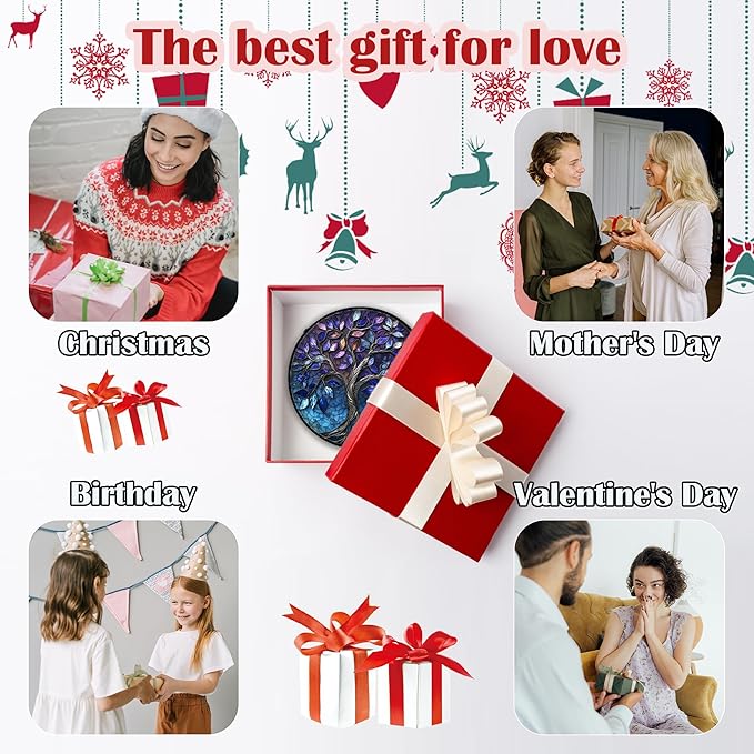 Stained Glass Window Hanging, Blue Purple Tree of Life Sun Catchers Colorful Glass Panel Plants Suncatcher Decor for Birthday for Women,Men,Wife, Lovers, and Mom 11.8x11.8 in