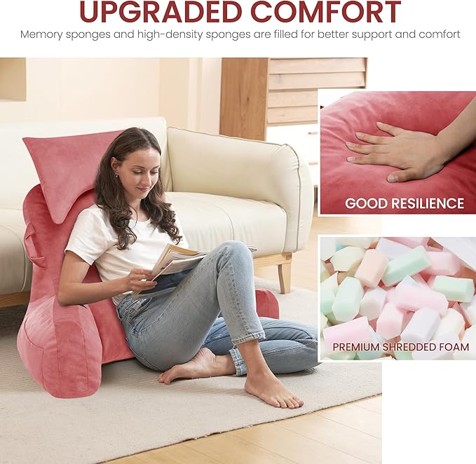 Portable Reading Pillows with Headrest for Bed Sitting Up(Dark Pink Oeko-Tex), Velvet Back Pillow with Arms & Pockets for Adults, Support Memory Foam Bed Pillow for Dorm/Watching/Gaming