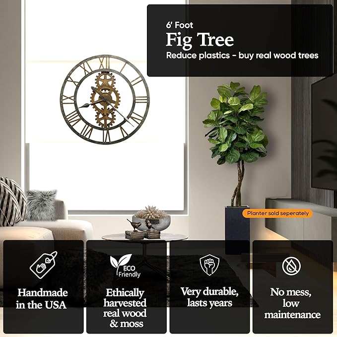 Cypress & Alabaster Handmade 6ft Fiddle Leaf Fig Ficus Lyrata Artificial Tree with Ethically Sourced Real Wood Trunks, Hypoallergenic, 6-Foot, Green