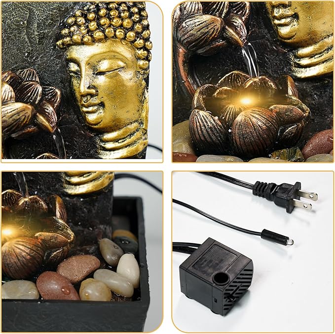Ferrisland Tabletop Buddha & Lotus Waterfall Fountain with LED Light, Perfect for Zen Home & Office Decor(Gold)
