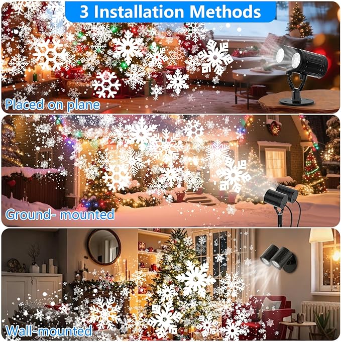 2025 Upgraded Double Head Christmas Snowflake Projector Lights Outdoor, Timing Mode, IP65 Waterproof, 360°Roating LED Christmas Lights, for Xmas Holiday Party Christmas Decoration, Indoor, Houses