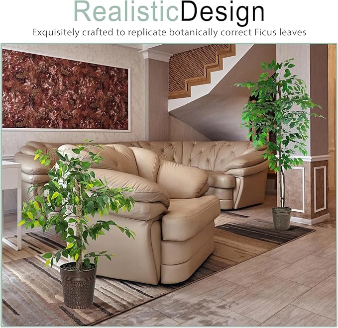 Artificial Ficus Trees in Copper Metal Pots, Set of 2 - Real Wood Trunk, Preassembled, No Maintenance Indoor Faux Plant - Living Room & Home Decor (4ft & 6ft)