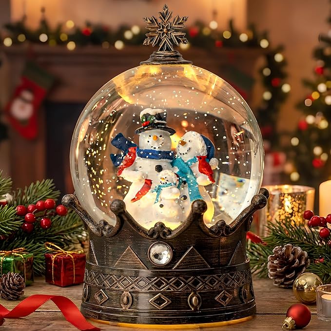 Snow Globe Lighted Christmas Decorations, Snowman Family Musical Crown Snow Globe Lantern with Swirling Glitter, Christmas Holiday Party Gifts and Decorations