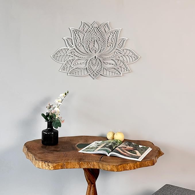 Colorfull Worlds Mandala Metal Wall Decor, Lotus Flower Meditation Room Decor, Minimalist Zen Garden Bohemian Gift for New Year (36" x 23" | 91 x 59 cm, Silver)