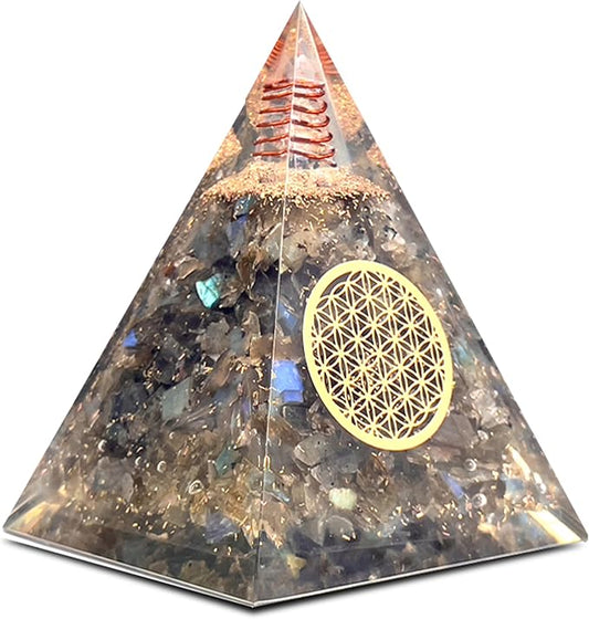 Orgone Pyramid Flower of Life Orgonite Money Healing Crystals Pyramid for Positive Energy (Labradorite)