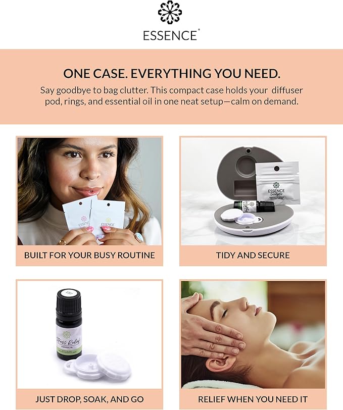 Essence Pearl Travel Case - Wearable Aromatherapy Kit with Nasal Diffuser Rings, Soaking Bay, and 5mL Essential Oil – Portable Wellness Gift Set for On?The?Go Self Care