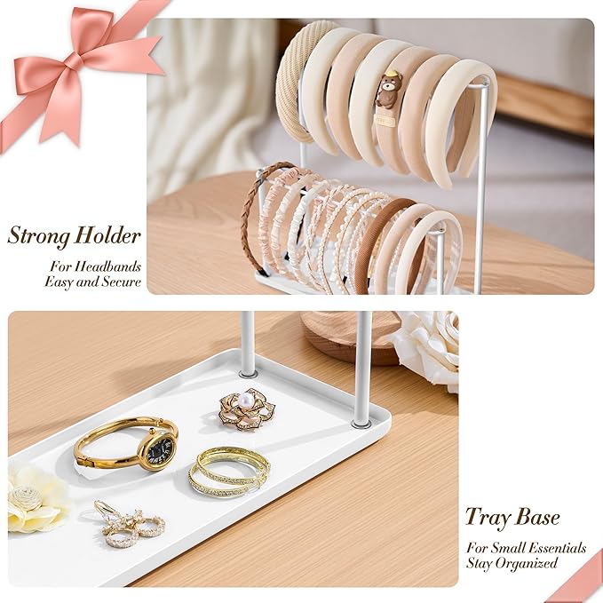 pickpiff Headband Holder Organizer Metal 2-Tier with Tray: Hair Accessories Display Stand Storage, Purse Charms Key Rings Rack Necklace Stand Home Bedroom for Girls Women, White