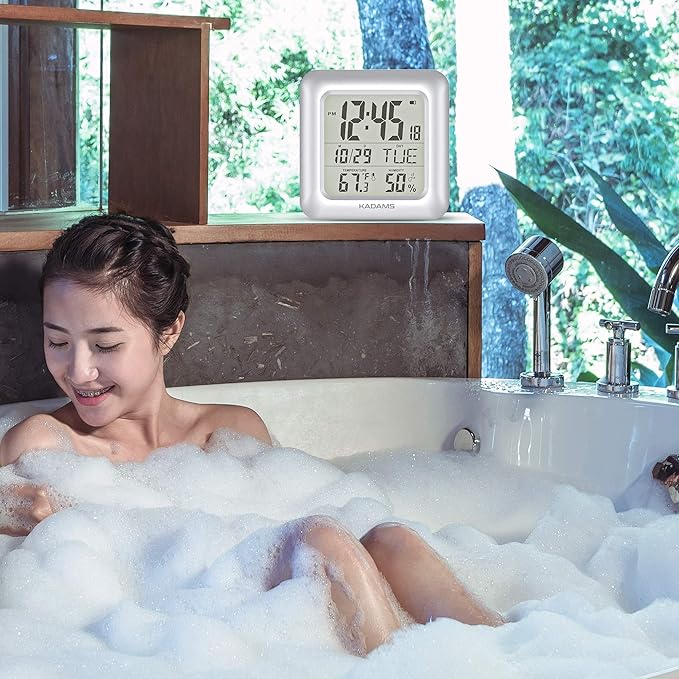 KADAMS Bathroom Clock 9.5" Kitchen Wall Clock with Large LCD Screen – Shower Clock with Suction Cup,Temperature, Humidity, Calendar – Water-Resistant, 4 Mounting Options, Silver