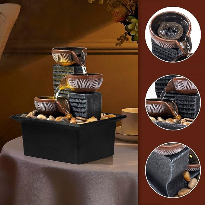 Tabletop Fountain, 3-Tier Desktop Waterfall with LED Lights, Small Indoor Water Feature with Natural River Stones, Suitable as Zen Decor for Home/Office