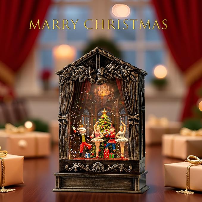Christmas Snow Globe Lantern Water Glittering Nutcracker Ballet Theatre with Music & Timer, USB Lined/Battery Operated Lighted Lantern for Christmas Festival Decoration Gifts