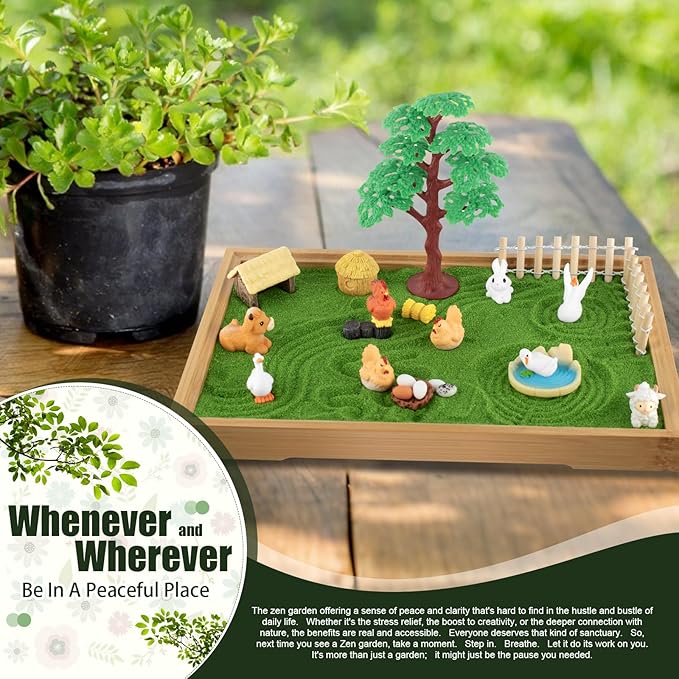31 Pcs Zen Garden Kit for Desk, Mini Zen Sand Garden with Wooden Tray & Rake, Japanese Gift Set for Home, Office Desk Decor