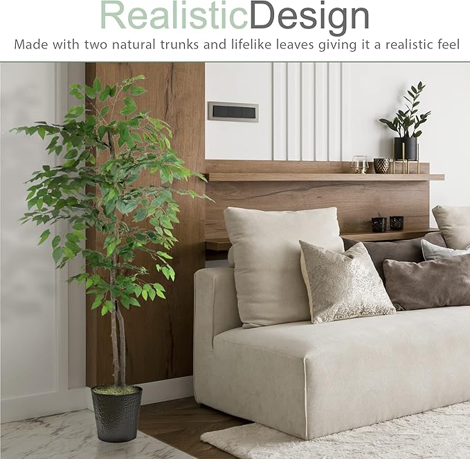 Artificial Ficus Tree in Black Metal Pot - Real Wood Trunk, Preassembled, No Maintenance Indoor Faux Plant - Living Room, Home & Office Decor (6ft Tall)