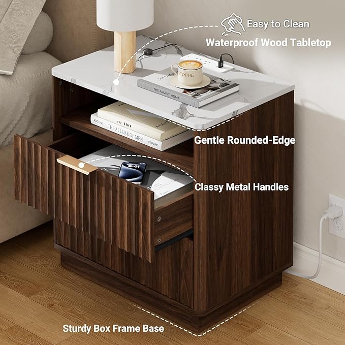 Large Fluted Nightstand with Charging Station, 23" Modern End Table with Faux Marble Top, 2 Drawers Night Stand with Storage, Side Table for Bedroom Living Room, Curved Profile (Walnut)
