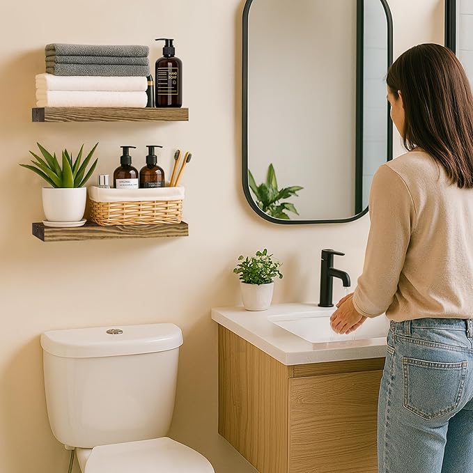 BGMG Wood Floating Shelves for Wall 18 inch Set of 2, Rustic Wooden Wall Mount Shelves for Bathroom Living Room Bedroom Kitchen Farmhouse -18x 6.7 x1.25 inch- Walnut Color