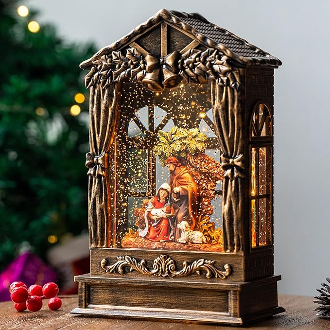 Christmas Snow Globe Lighted Manger Nativity Scene, Musical Holy Family Water Creche Play Silent Night Music in Swirling Glitter, Holiday Decorations Gifts for Family, Children or Friends