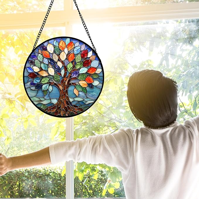Stained Glass Window Hanging, Colorful Tree of Life Sun Catchers Glass Panel Blue Suncatcher Decor for Birthday for Women, Men, Wife, Aunt, and Mom 6.3 in