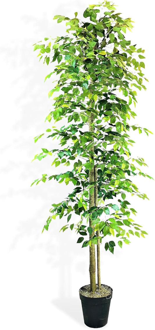 Artificial Ficus Tree in Black Plastic Pot - Real Wood Trunk, Preassembled, No Maintenance Indoor Faux Plant - Living Room, Home & Office Decor (10ft Tall)