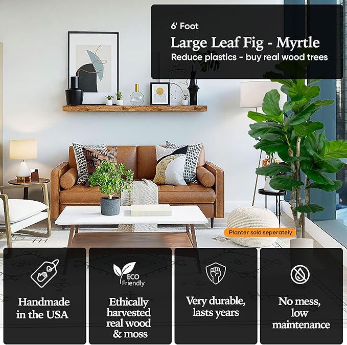 Cypress & Alabaster Handmade 6ft Oversized Fiddle Leaf Fig Ficus Lyrata Artificial Tree with Ethically Sourced Real Wood Trunks, Hypoallergenic, 6-Foot, Green