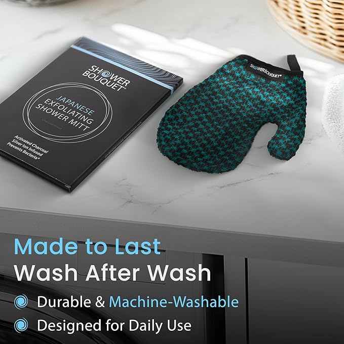 Japanese Exfoliating Mitt for Shower [Green] - Charcoal & Silver Ion Exfoliating Glove - Gentle Exfoliation & Deep Cleansing Shower Mitt - Exfoliating Body Scrubber Glove, Soft Fabric Inside