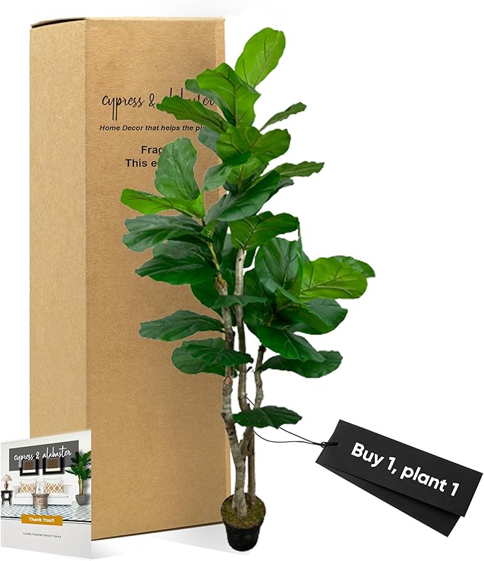 Cypress & Alabaster Handmade 6ft Oversized Fiddle Leaf Fig Ficus Lyrata Artificial Tree with Ethically Sourced Real Wood Trunks, Hypoallergenic, 6-Foot, Green