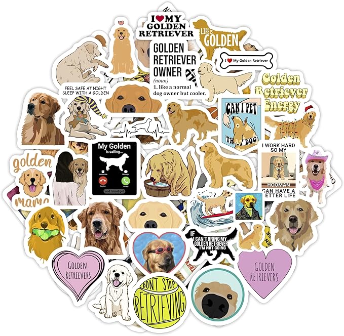 BulbaCraft 100Pcs Golden Retriever Stickers for Water Bottle and Laptop - Golden Retriever Party Favors & Decorations, Waterproof Vinyl Decals, Cute Dog and Pet Stickers, Gifts for Women & Men