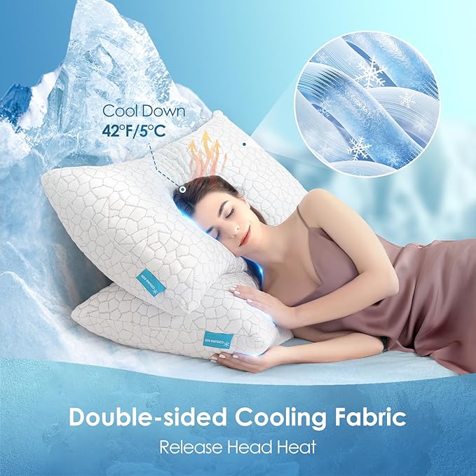 Cooling Pillows Queen Size Set of 2 Shredded Memory Foam Pillows for Side Back Stomach Sleepers, Two-Sided Cool Adjustable Firm or Soft Bed Pillow Luxury Gel Neck Pillow for Neck Shoulder Pain Relie