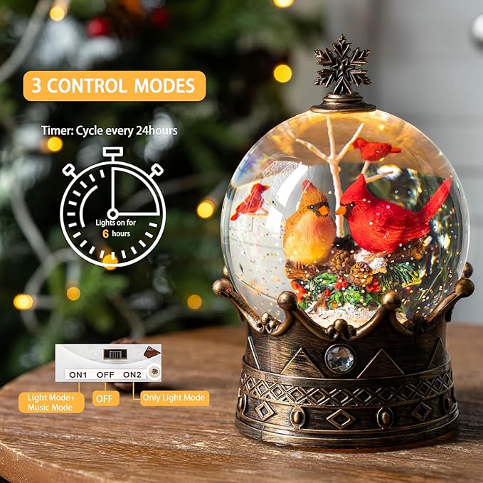 Cardinal Christmas Snow Globe, Lighted 2 Cardinal Musical Water Lantern with Swirling Glitter, Christmas Holiday Party Gifts and Decorations