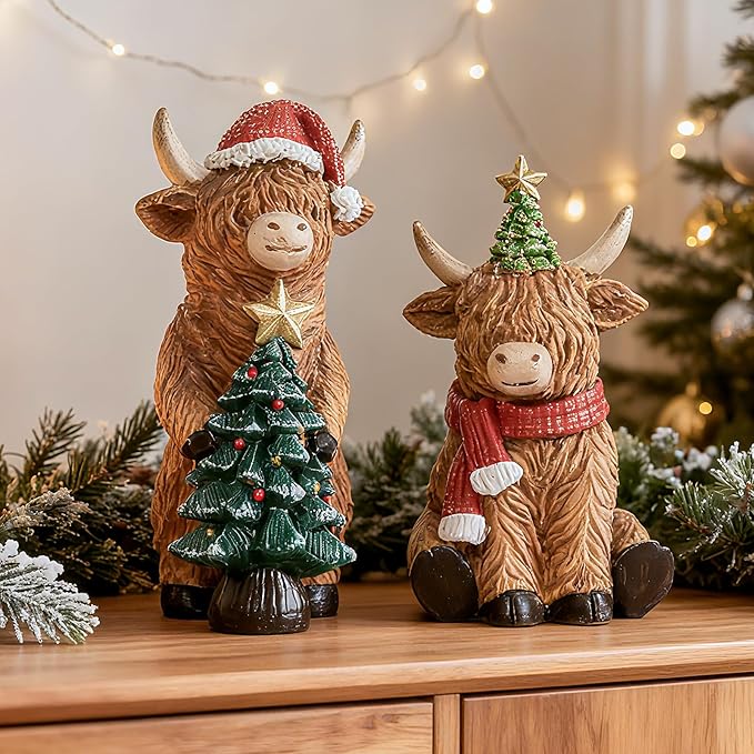 RM ROOMERS Christmas Highland Cow Decor Resin Highland Cow Figurines with Santa Hat Scarf & Tree for Tabletop Shelf Mantel Home Christmas Decoration (Set of 2, 5.39" & 4.48”H)