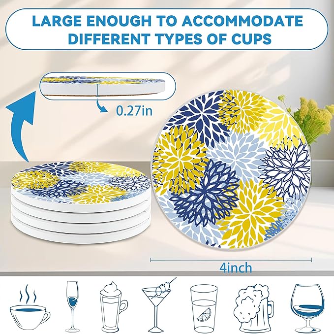 Spring Drinks Coasters Set of 4, Absorbent Cup Mat with Cork Base,Ceramic Stone for Table Home Decor 4" Navy Blue Flower