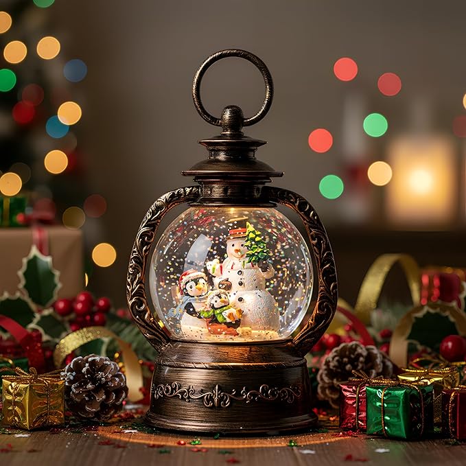 Musical Snow Globe Lantern Lighted Snowman with Penguins Christmas Snow Water Lantern Swirling Glittering Home Decoration and Gift, Battery Operated or USB Powered