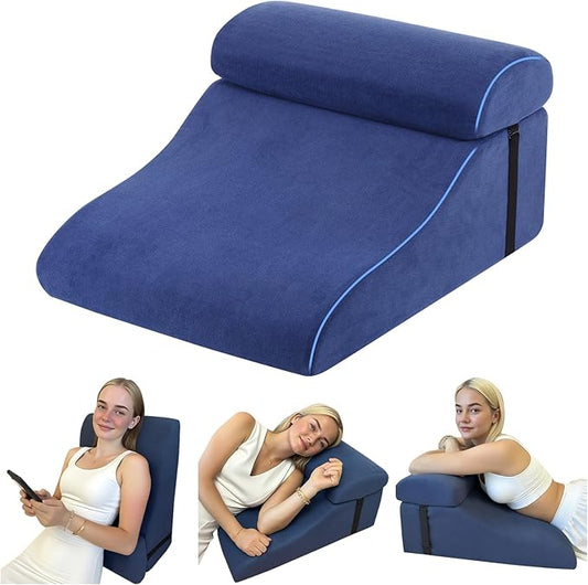 Reading Pillow for Bed Adult, Memory Foam Wedge Pillow Headboard with Adjustable Lumbar Support Backrest Cushion for Sitting in Bed/Resting/Bedrest, Couch or Floor, Blue