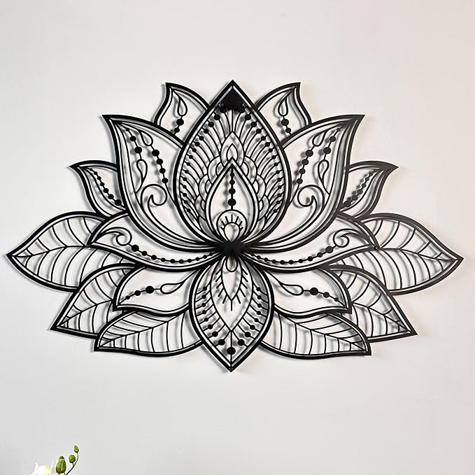 Colorfull Worlds Mandala Metal Wall Decor, Lotus Flower Meditation Room Decor, Minimalist Zen Garden Bohemian Gift for New Year (17" x 11" | 43 x 27.5 cm, Black)