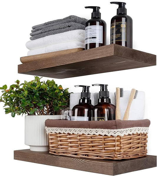 BGMG Wood Floating Shelves for Wall 16 inch Set of 2, Rustic Wooden Wall Mount Shelves for Living Room Bedroom Kitchen Farmhouse-16x6.7x1.25 inch- Dark Walnut