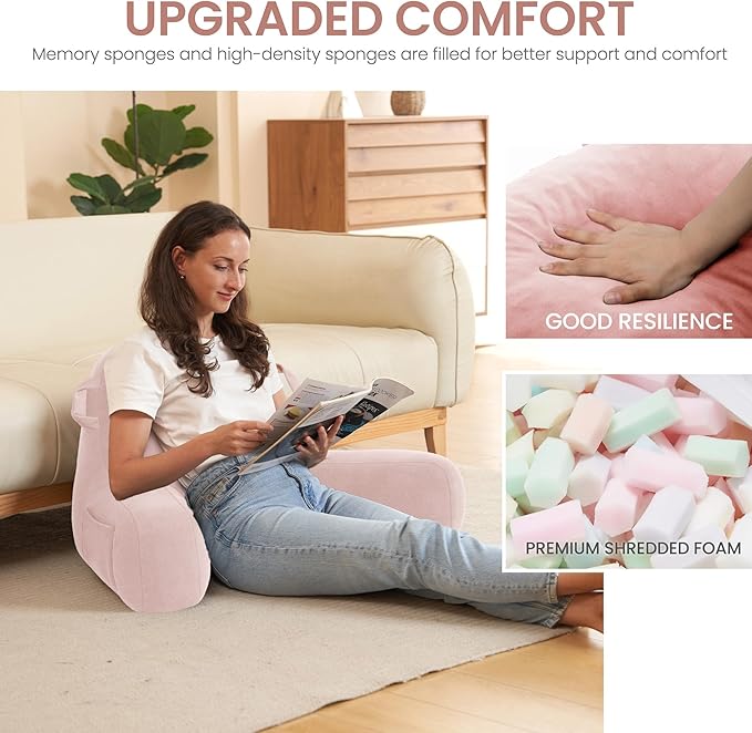 Portable Comfy Reading Pillows for Bed Sitting Up(Pink Oeko-Tex), Velvet Back Pillow with Arms & Pockets for Adults, Support Memory Foam Bed Pillow for Dorm/Reading/Watching/Gaming