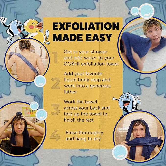 GOSHI Exfoliating Shower Towel - Rip-Resistant Exfoliating Washcloth for All Skin Types - Indigo Blue - Made in Japan