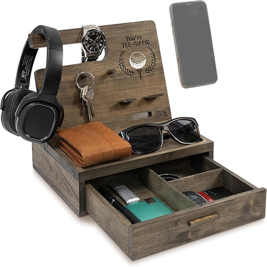 Nightstand Organizer for Men- Bedside Table Organizer with Drawer for Cellphone, Watches, Sunglasses & Accessories- Makes an Ideal Gift for Dad, Grandpa or Golfer