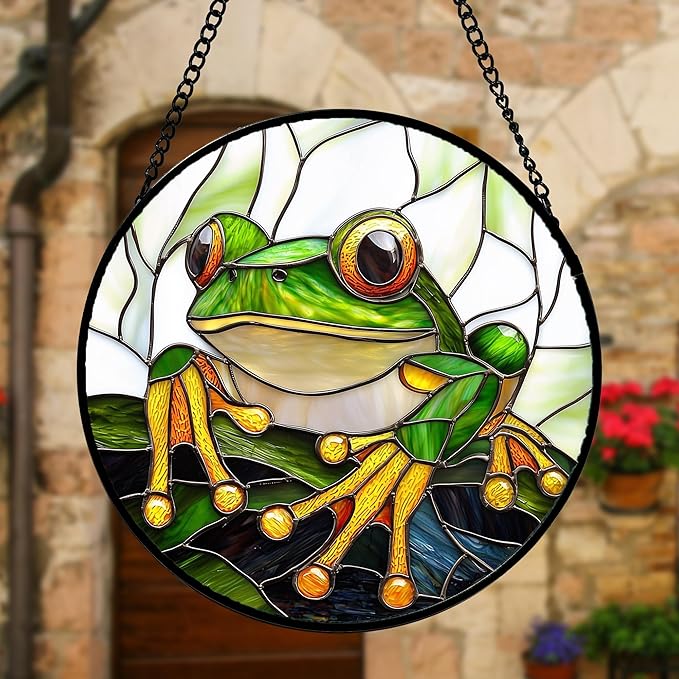 Stained Glass Window Hanging, Green Frog White Petals Sun Catchers Colorful Glass Panel Cute Suncatcher Decor for Birthday for Women, Men, Wife, Aunt, and Mom 7.8 in