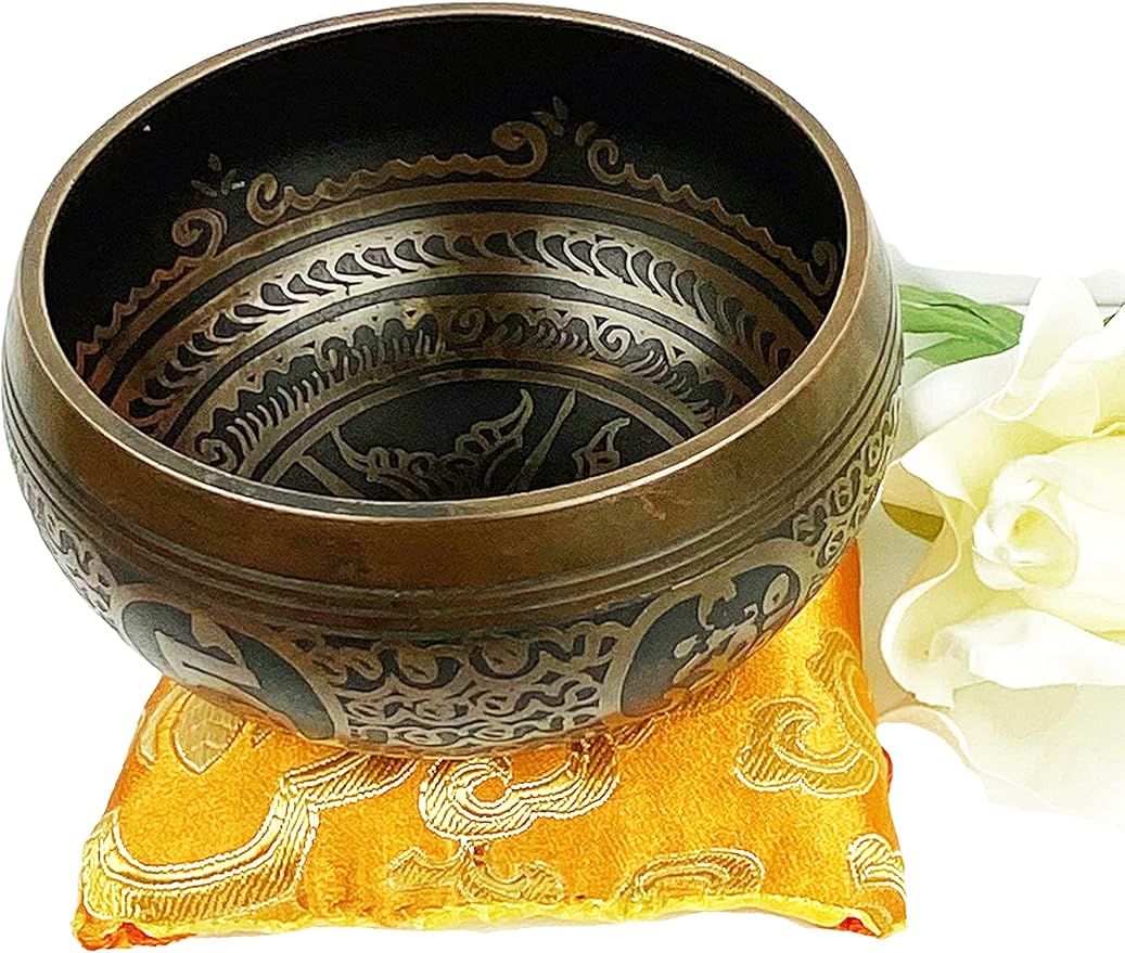 3388 SB Tibetan Auspicious Symbol Singing Bowl Set ~ Mallet Cushion Meditation Chakra Healing Prayer Yoga Mindfulness (SB-3388-G)