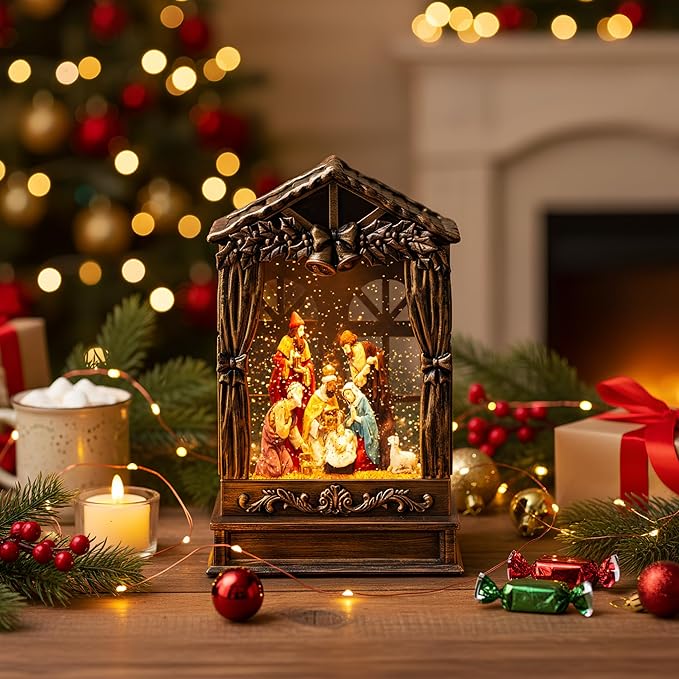 Christmas Snow Globe Lighted Manger Nativity Scene, Musical Window Water Lantern Play Silent Night Music in Swirling Glitter, Holiday Decorations Gift