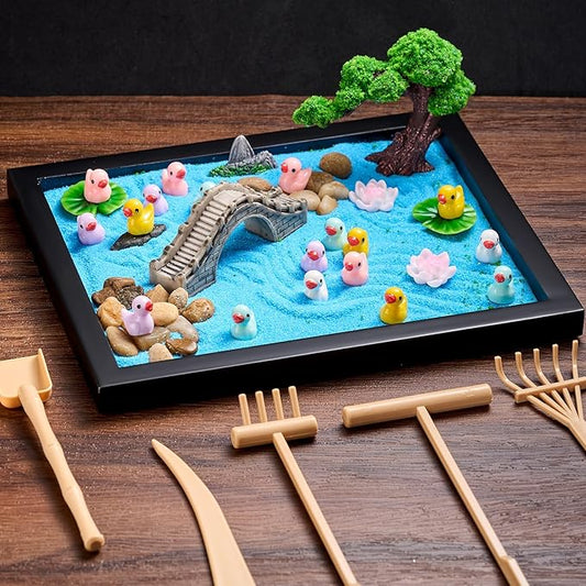 Soulchen Zen Garden Kit for Desk Decor Christmas Sand Zen Garden Gifts Mini Sandbox Set with Black Wooden Tray, Sand, Tools & Accessories Japanese Gifts for Meditation Room Office Home(Duck)