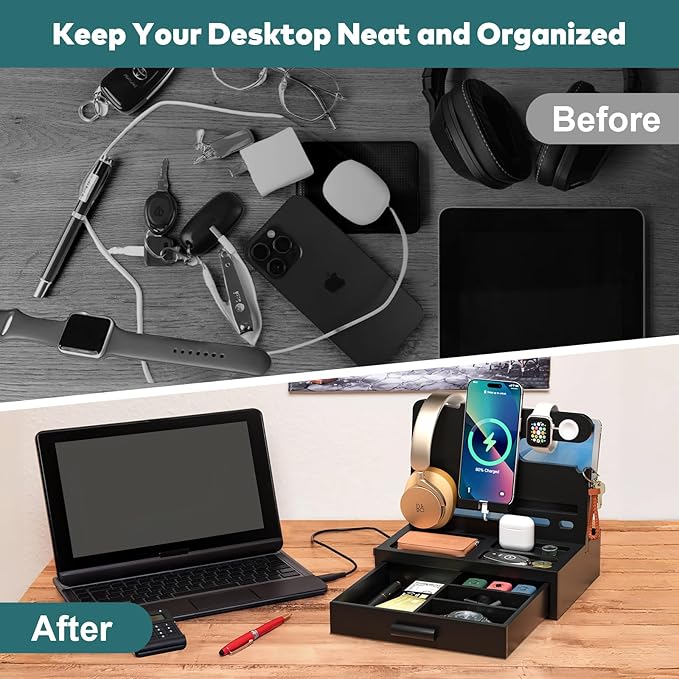 Sephyroth Bamboo Phone Docking Station Nightstand Organizer Bedside Organizer Cell Phone Stand Gifts for Men, Dad Gifts for Boyfriend Gift for Husband with Drawer Storage (Black)