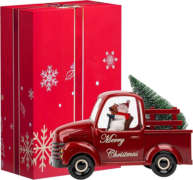 Xindian Musical Red Truck Snow Globe with Swirling Glitter, Snowman & Dog, Carrying Christmas Tree, Spinning Water Lantern for Christmas Decor
