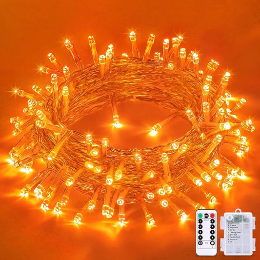 JMEXSUSS Orange Battery Operated Halloween Lights, 33ft 100 LED Battery Christmas String Lights, Orange Twinkle Mini Lights with Remote Indoor Outdoor Waterproof for Fall Halloween Decorations