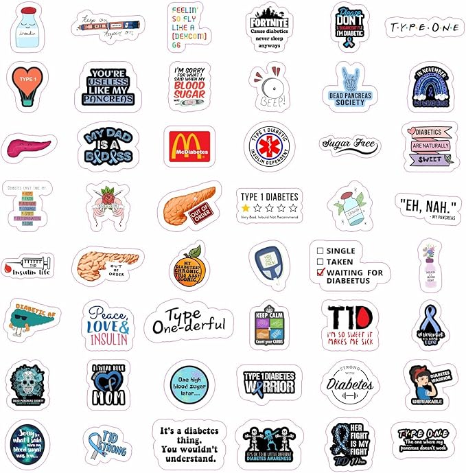 BulbaCraft 100Pcs Funny Diabetes Stickers for Water Bottle & Laptop - Gifts for Diabetics, Diabetes Awareness Month, Waterproof Vinyl Decals, Gifts for Women & Men