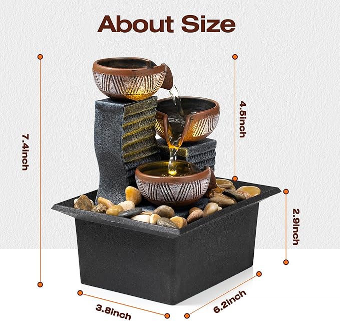 Tabletop Fountain, 3-Tier Desktop Waterfall with LED Lights, Small Indoor Water Feature with Natural River Stones, Suitable as Zen Decor for Home/Office
