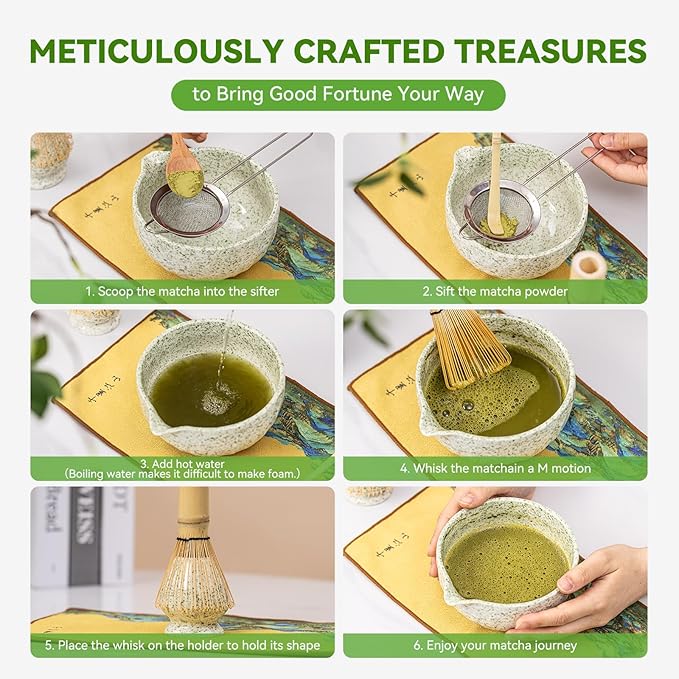 Matcha Whisk Set, Green Speckled Ceramic Matcha Bowl with Spout, Bamboo Whisk & Holder – 8-Piece Making Kit for Home, Yoga & Gifts – Matcha Lovers & Japanese Tea Culture
